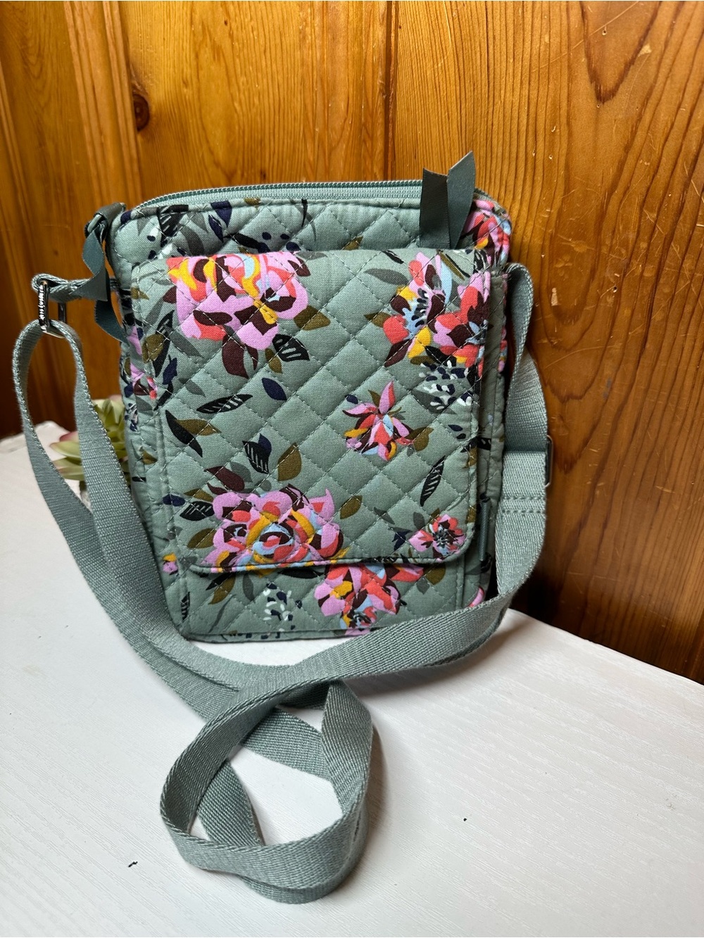 Quilted Floral Crossbody Bag - Sage Green